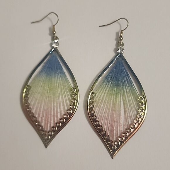 Teardrop Fiber Thread Dangle Drop Earrings Guitar String Multicolor Blue Green - Picture 1 of 2